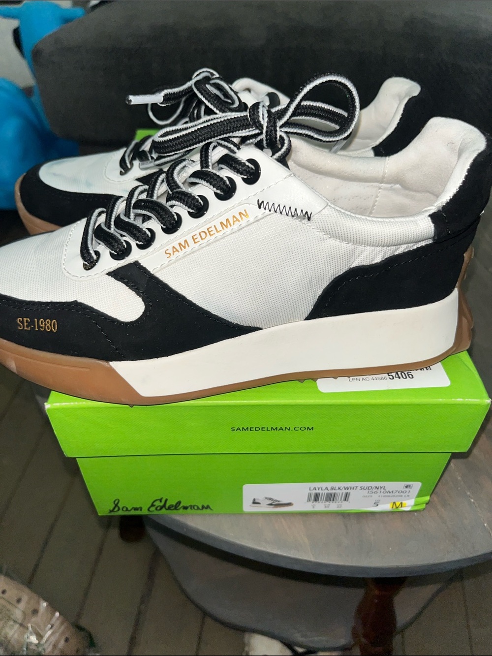Sam Edelman White and Black Low-Top Sneakers with Gum Sole